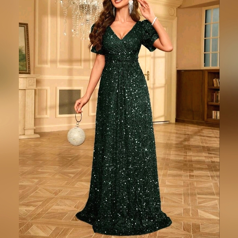 NEW Glam Sequin Ruched Top Puffed Short Sleeve Maxi Gown Dress Dark Green - Picture 7 of 9